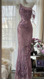 Charming Purple One Shoulder Heavily Beaded Chiffon Prom Dress