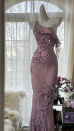 Charming Purple One Shoulder Heavily Beaded Chiffon Prom Dress