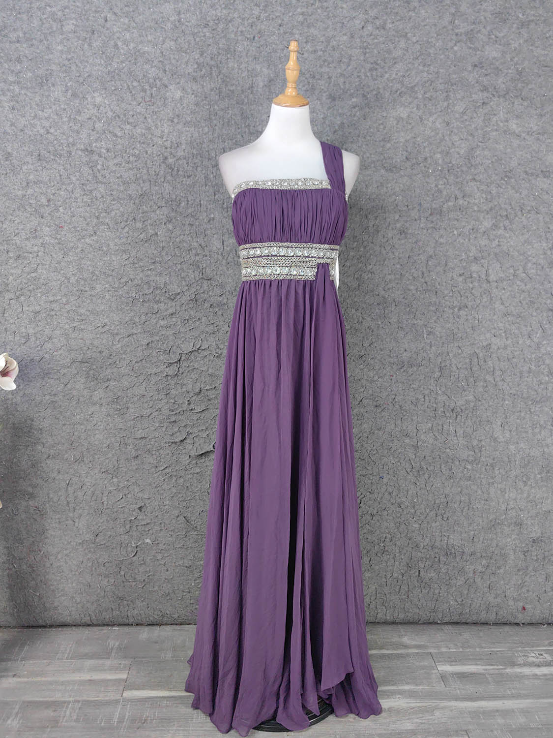 Charming Purple One-Shoulder Square Neck Rhinestone Beaded Chiffon Long Prom Dresses Evening Dresses Main image