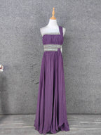 Charming Purple One-Shoulder Square Neck Rhinestone Beaded Chiffon Long Prom Dresses Evening Dresses