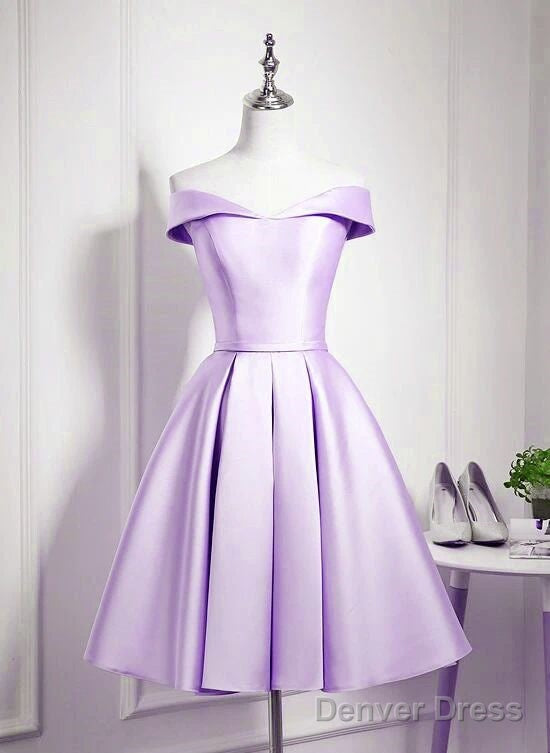 Charming Purple Satin Knee Length Homecoming Dress, Off Shoulder Bridesmaid Dresses Main image