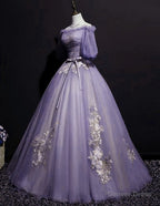 Charming Purple Short Sleeves Tulle Puffy Long Prom Dress, Lovely Prom Dress