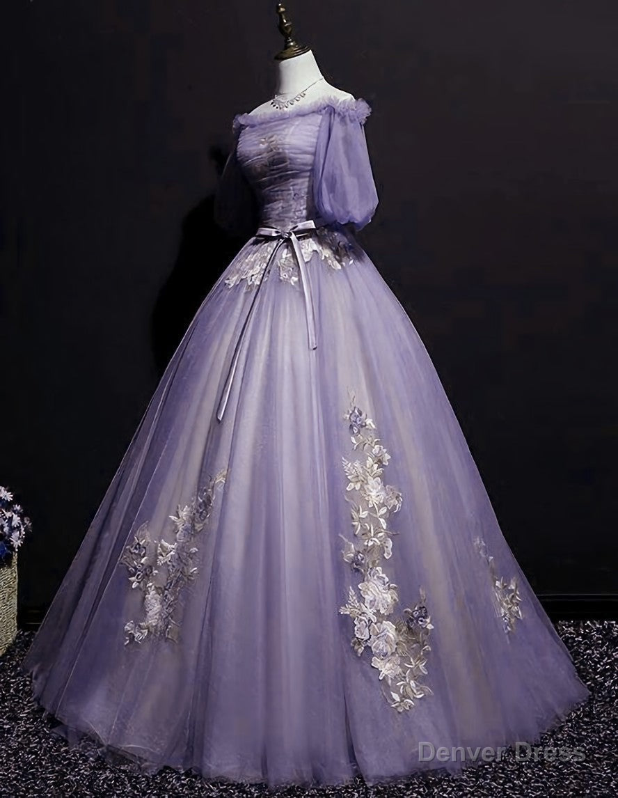Charming Purple Short Sleeves Tulle Puffy Long Prom Dress, Lovely Prom Dress