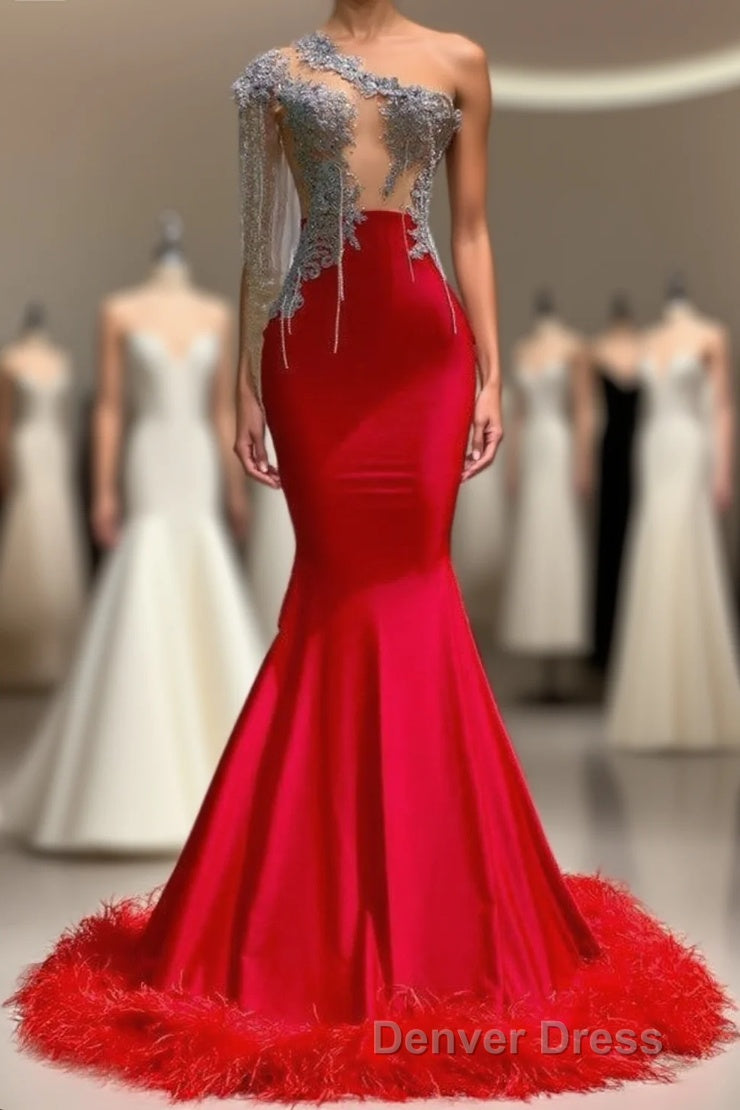Charming Red Long Mermaid Tassel One Shoulder Satin Backless Prom Dresses Main image
