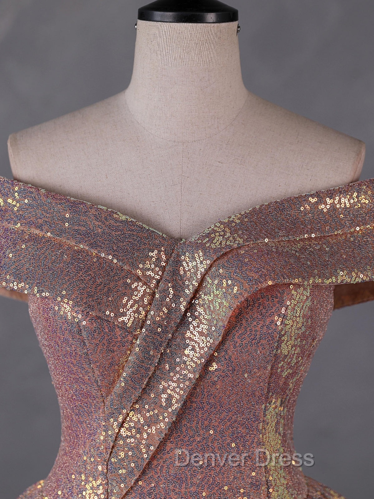 Charming Rose Gold Sequins Long Party Dresses, Off Shoulder Sequins Prom Dresses