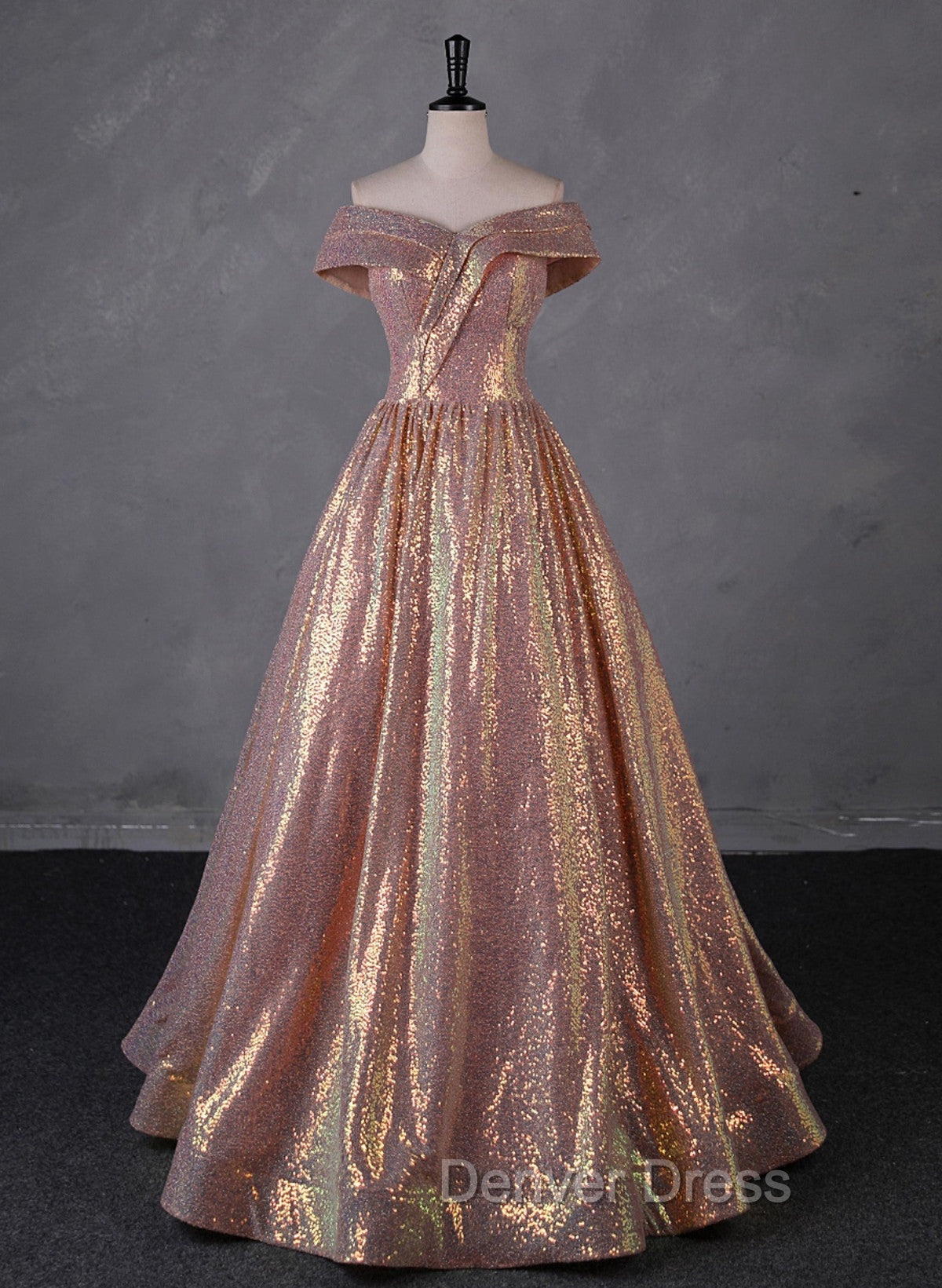 Charming Rose Gold Sequins Long Party Dresses, Off Shoulder Sequins Prom Dresses Secondary image
