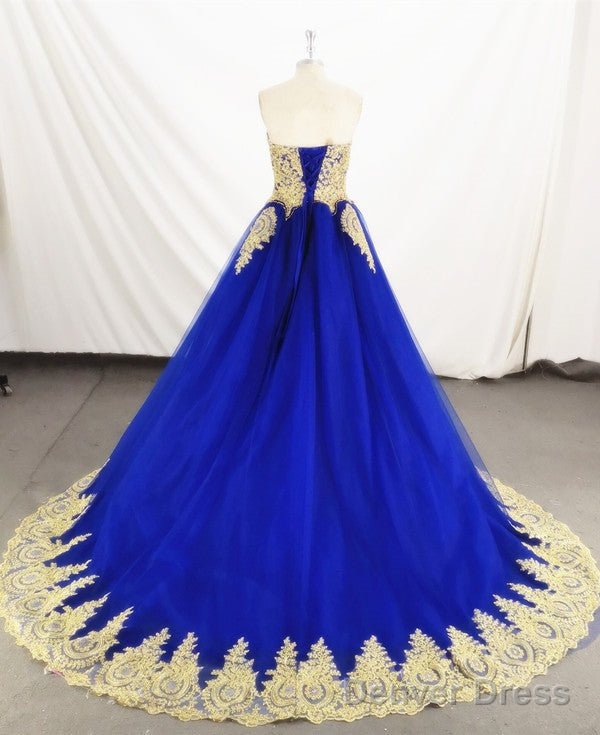 Charming Royal Blue Tulle Party Dress With Gold Lace Applique, Prom Dress Secondary image