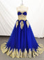 Charming Royal Blue Tulle Party Dress With Gold Lace Applique, Prom Dress