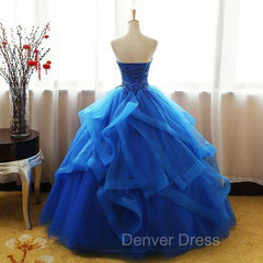 Charming Royal Blue Tulle Prom Gown , Sweet Party Dresses