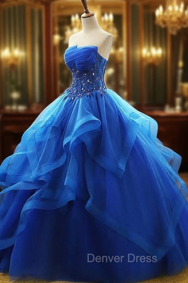 Charming Royal Blue Tulle Prom Gown , Sweet Party Dresses