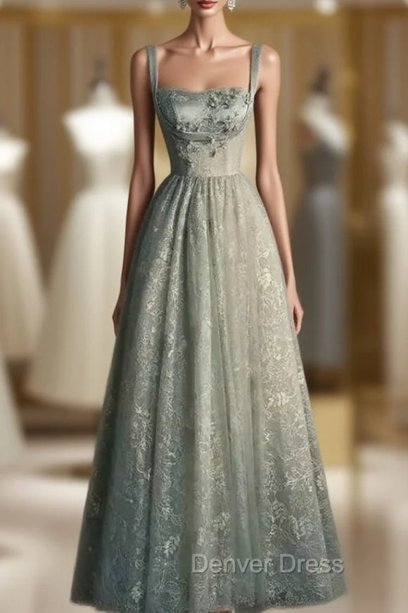 Charming Sage Green Long Tulle Lace Prom Dresses A Line Party Evening Dresses Main image