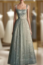 Charming Sage Green Long Tulle Lace Prom Dresses A Line Party Evening Dresses