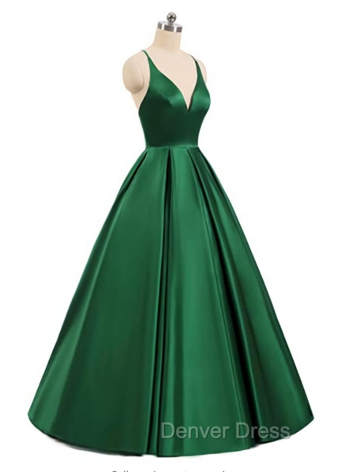 Charming Satin Cross Back Deep V-neckline Long Party Dresses, Floor Length Evening Dresses