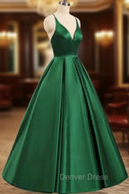 Charming Satin Cross Back Deep V Neckline Long Prom Dress, Floor Length Prom Dresses
