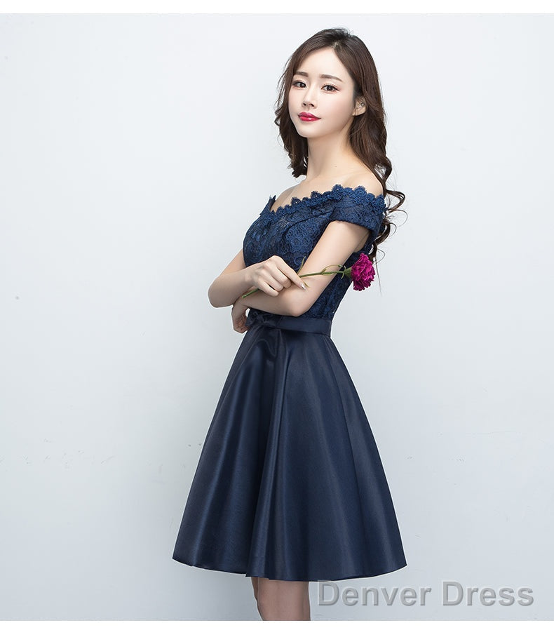 Charming Satin Navy Blue Homecoming Dress , Short Prom Dresses
