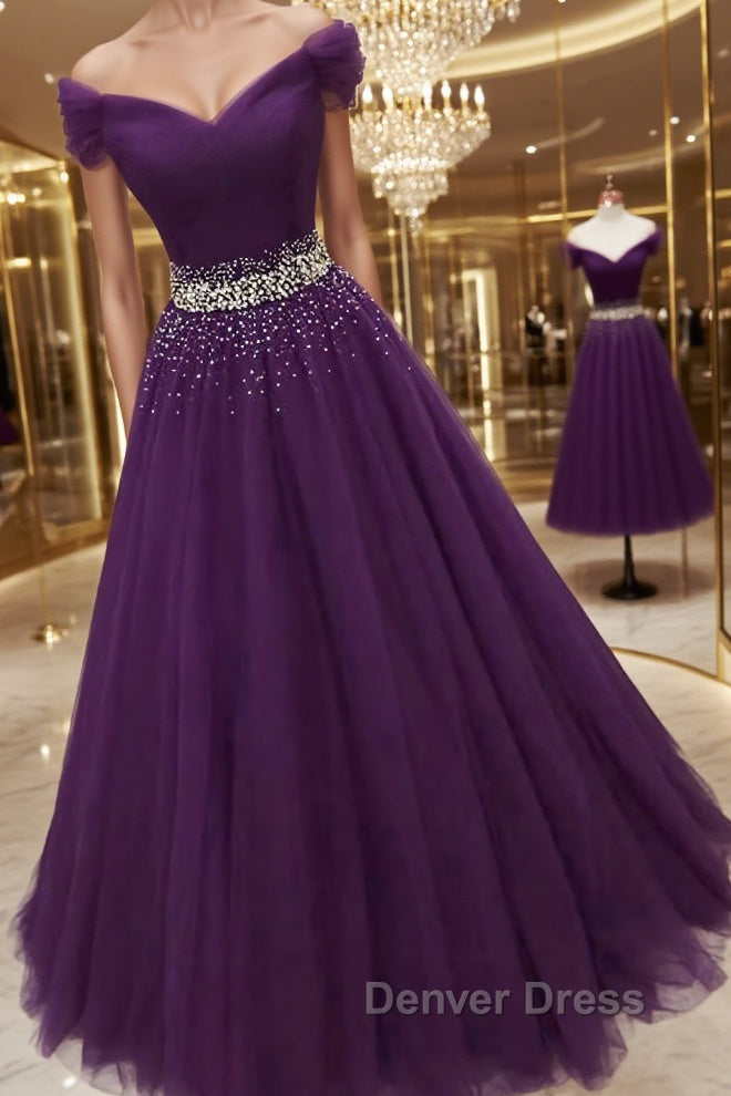 Charming Sequins Off Shoulder Dark Purple Long Prom Dress, Off the Shoulder Dark Purple Prom Dresses