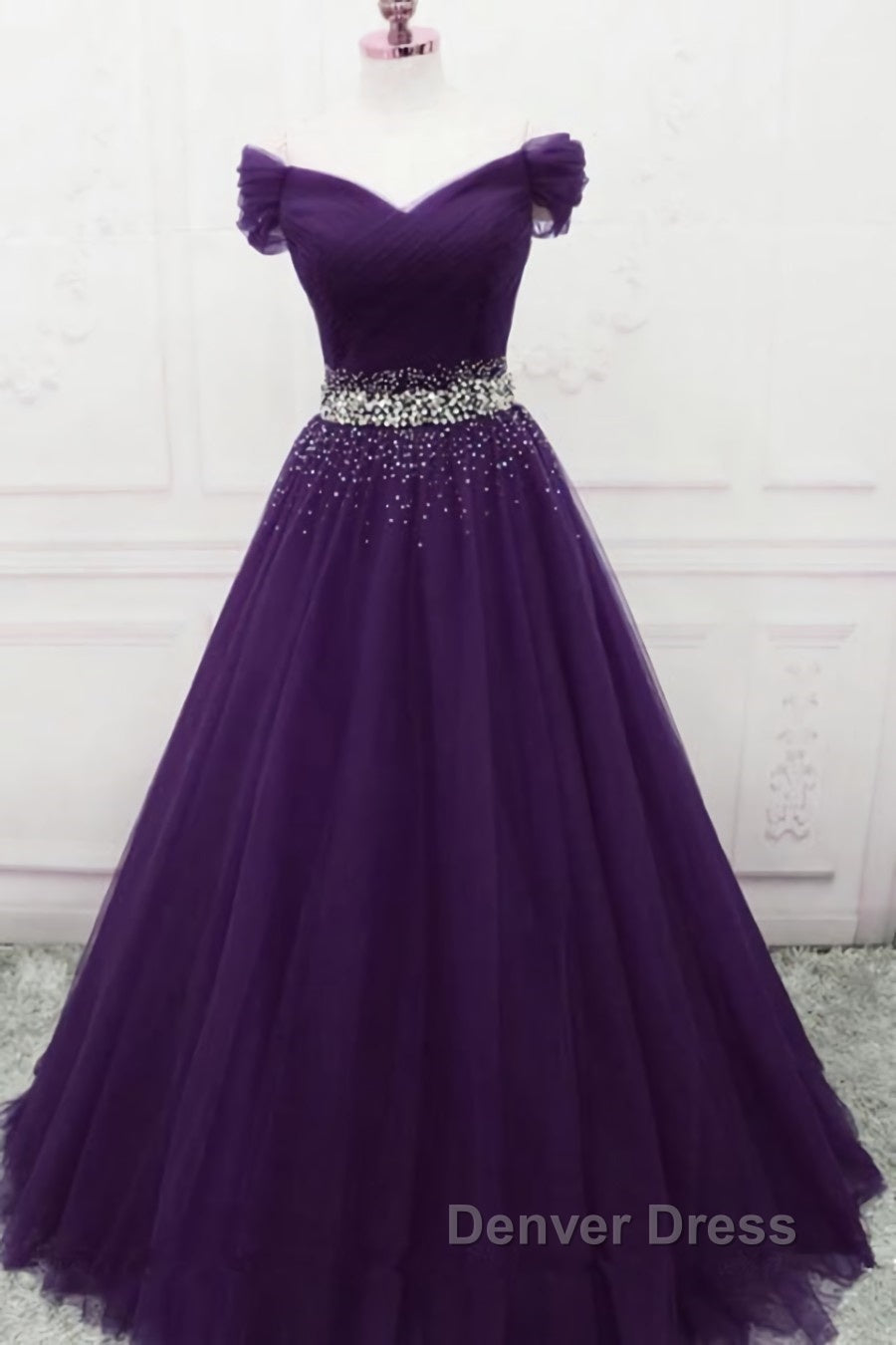 Charming Sequins Off Shoulder Dark Purple Long Prom Dress, Off the Shoulder Dark Purple Prom Dresses Secondary image