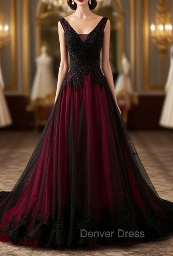 Charming Sleeveless Black and Red Lace Appliques Beaded Party Dresses, Low Back Prom Dresses Secondary image