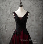 Charming Sleeveless Black and Red Lace Appliques Beaded Party Dresses, Low Back Prom Dresses