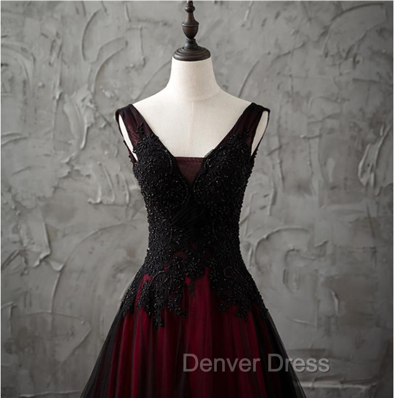 Charming Sleeveless Black and Red Lace Appliques Beaded Party Dresses, Low Back Prom Dresses