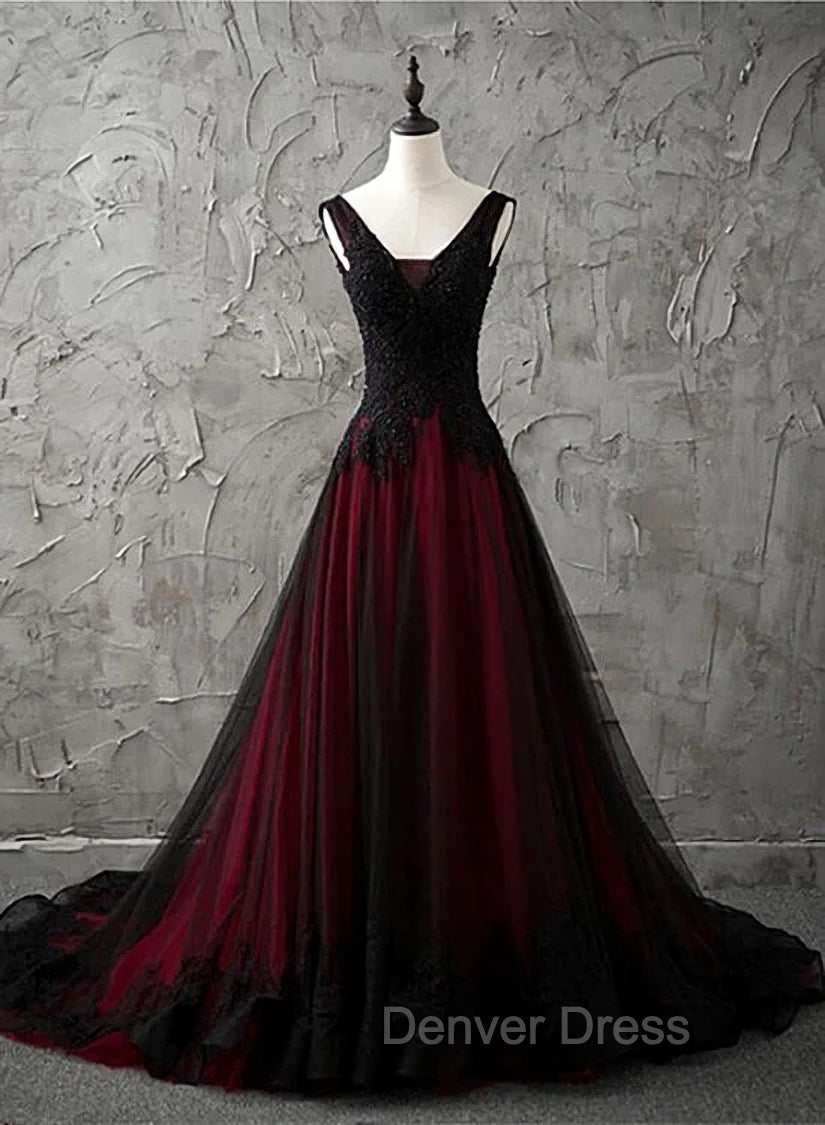 Charming Sleeveless Black and Red Lace Appliques Beaded Party Dresses, Low Back Prom Dresses Main image