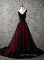 Charming Sleeveless Black and Red Lace Appliques Beaded Party Dresses, Low Back Prom Dresses