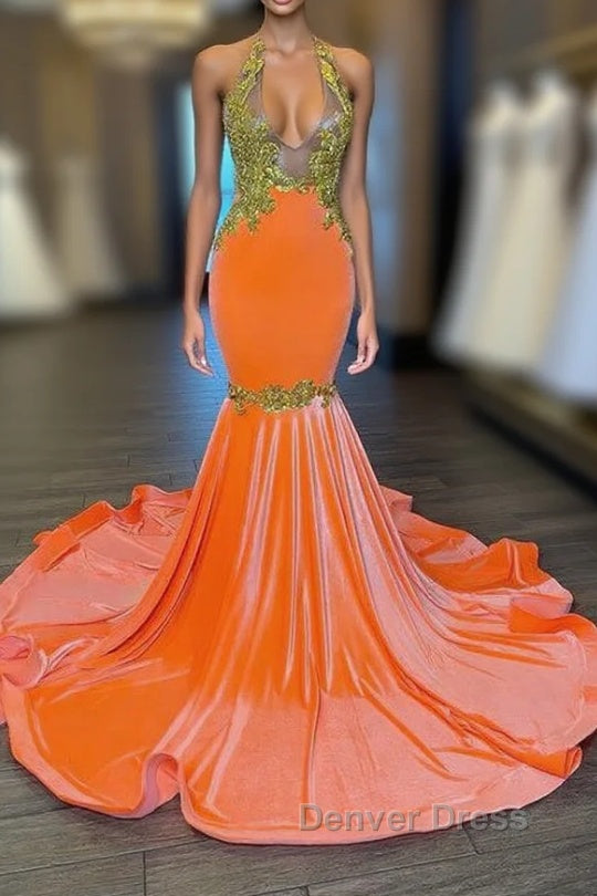 Charming Sleeveless Halter Backless Mermaid Prom Dresses With Gold Beading Main image