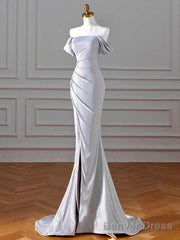 Charming Sliver Mermaid Party Dress, Sliver Off Shoulder Long Prom Dress With Leg Slit