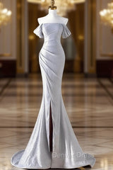 Charming Sliver Mermaid Party Dresses, Sliver Off Shoulder Long Prom Dresses With Leg Slit