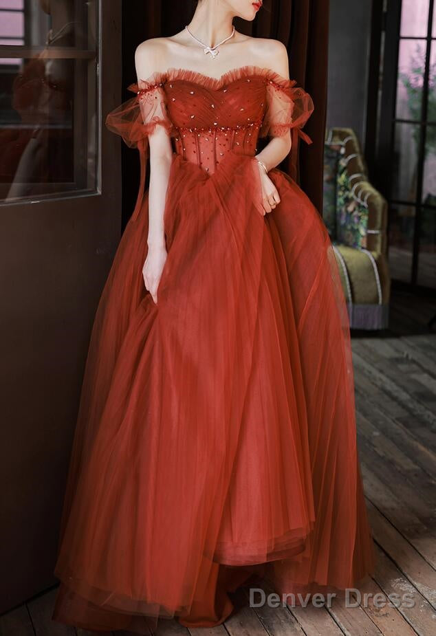 Charming Sweetheart Beaded Off Shoulder Long Prom Dresses, Tulle Prom Gowns