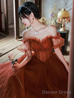 Charming Sweetheart Beaded Off Shoulder Long Prom Dresses, Tulle Prom Gowns