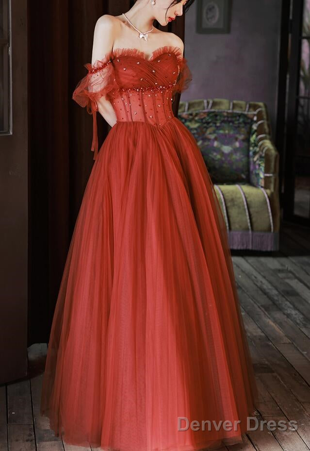 Charming Sweetheart Beaded Off Shoulder Long Prom Dresses, Tulle Prom Gowns