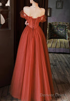 Charming Sweetheart Beaded Off Shoulder Long Prom Dresses, Tulle Prom Gowns