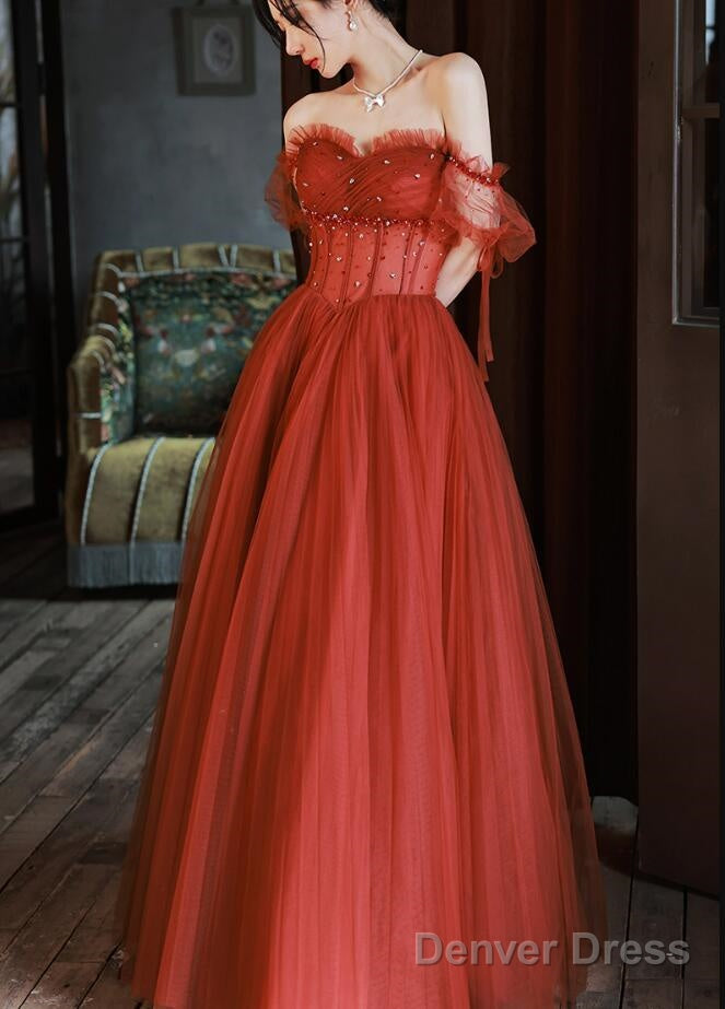 Charming Sweetheart Beaded Off Shoulder Long Prom Dresses, Tulle Prom Gowns Main image