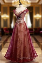 Charming Tulle Cap Sleeves Long New Party Gown, Prom Dresses
