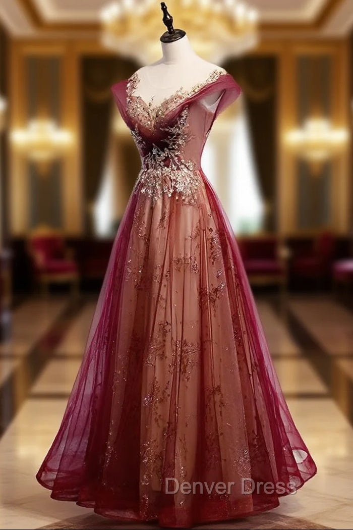 Charming Tulle Cap Sleeves Long New Prom Gowns, Prom Dresses