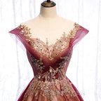 Charming Tulle Cap Sleeves Long New Prom Gowns, Prom Dresses