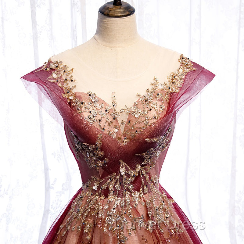 Charming Tulle Cap Sleeves Long New Prom Gowns, Prom Dresses