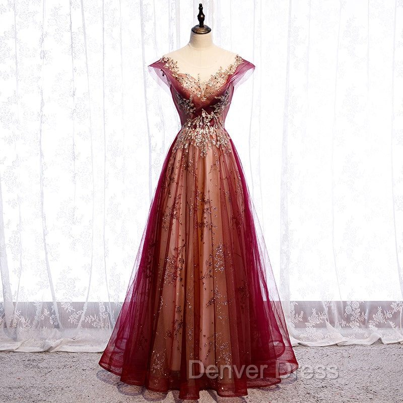 Charming Tulle Cap Sleeves Long New Party Gown, Prom Dresses