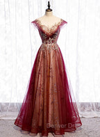 Charming Tulle Cap Sleeves Long New Prom Gowns, Prom Dresses