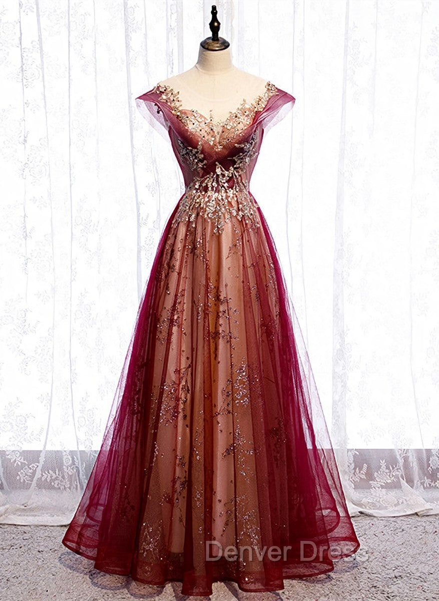 Charming Tulle Cap Sleeves Long New Prom Gowns, Prom Dresses