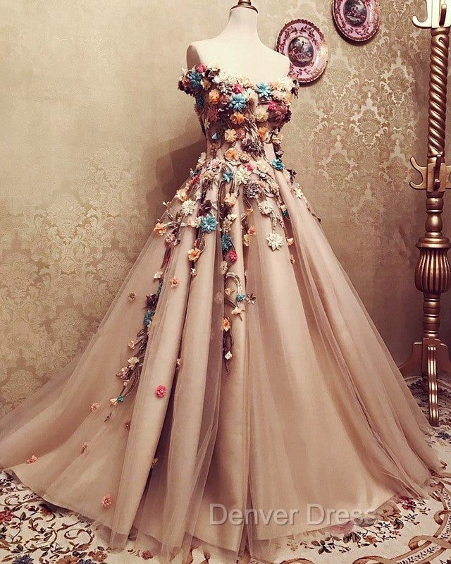 Charming Tulle Evening Dresses 3D Flowers Embroidery Prom Gowns