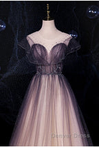 Charming Tulle Gradient Cap Sleeves Long Prom Dresses, A-Line Prom Gowns