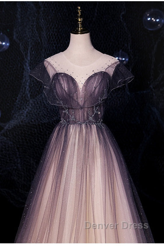 Charming Tulle Gradient Cap Sleeves Long Prom Dresses, A-Line Prom Gowns