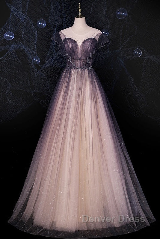 Charming Tulle Gradient Cap Sleeves Long Prom Dresses, A-Line Prom Gowns