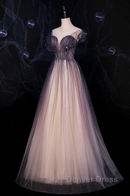 Charming Tulle Gradient Cap Sleeves Long Prom Dresses, A-Line Prom Gowns