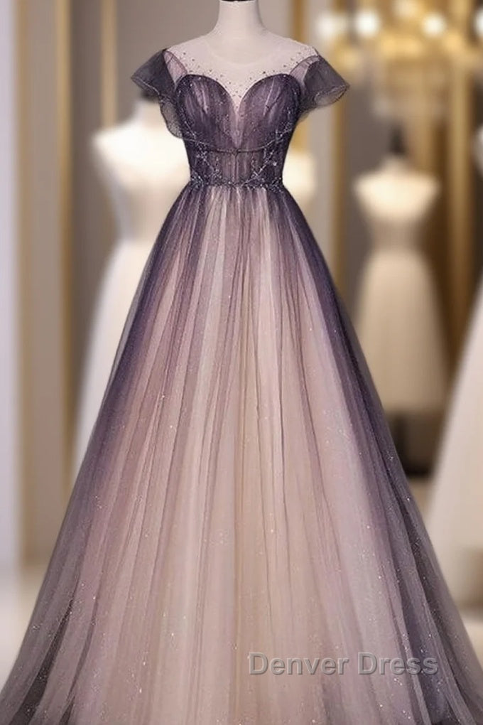 Charming Tulle Gradient Cap Sleeves Long Prom Dresses, A-Line Prom Gowns Main image
