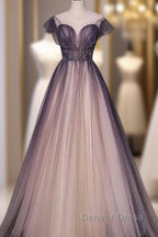 Charming Tulle Gradient Cap Sleeves Long Prom Dresses, A-Line Prom Gowns