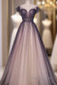 Charming Tulle Gradient Cap Sleeves Long Prom Dresses, A-Line Prom Gowns