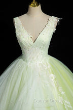 Charming Tulle Lace Green Prom Dress, V Neck Sleeveless Floor Length Prom Dresses
